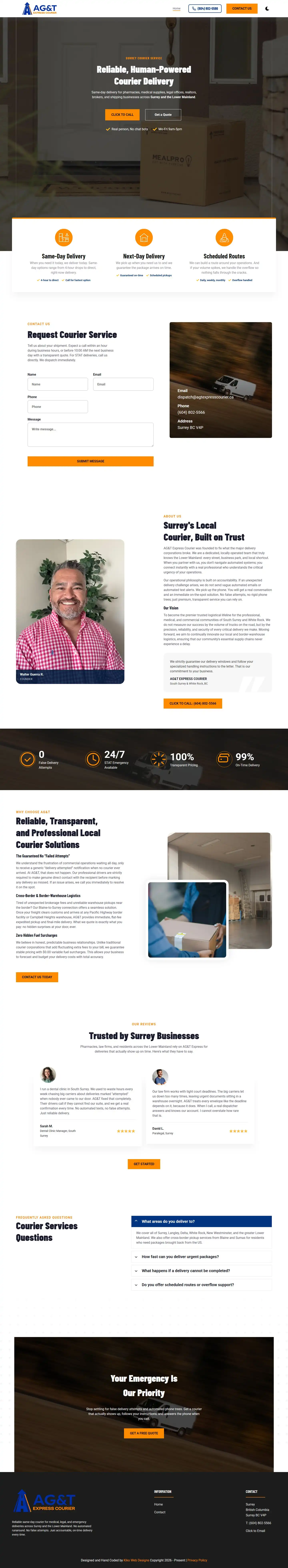 Full homepage of the AG&T Express Courier website