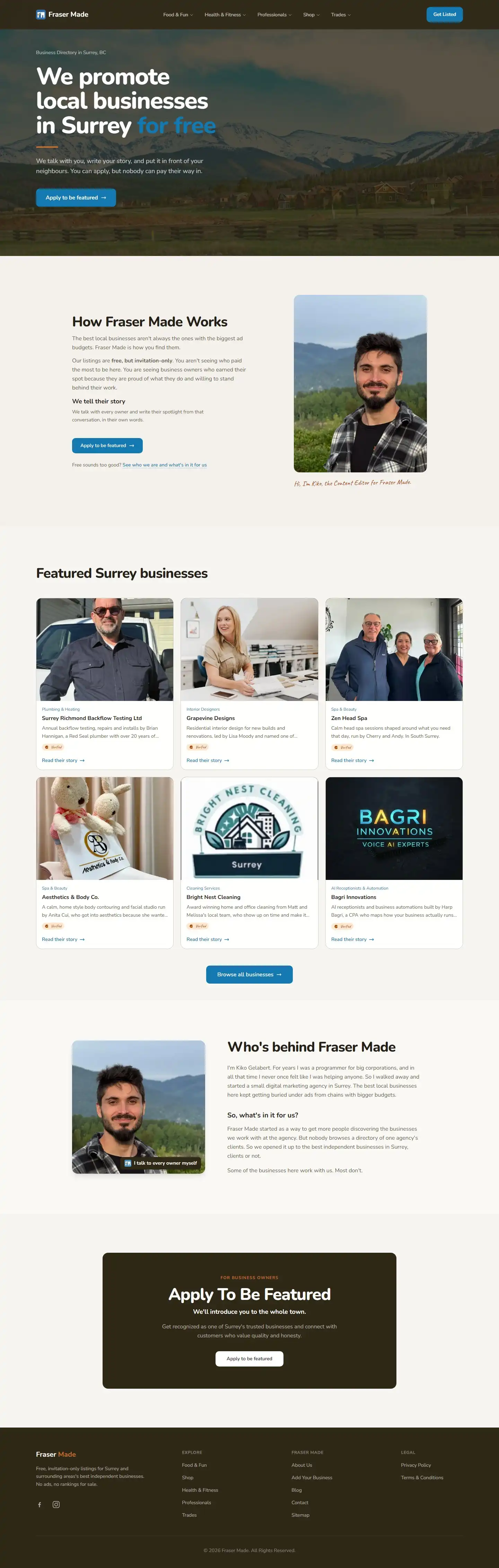 Full homepage of the Fraser Made website